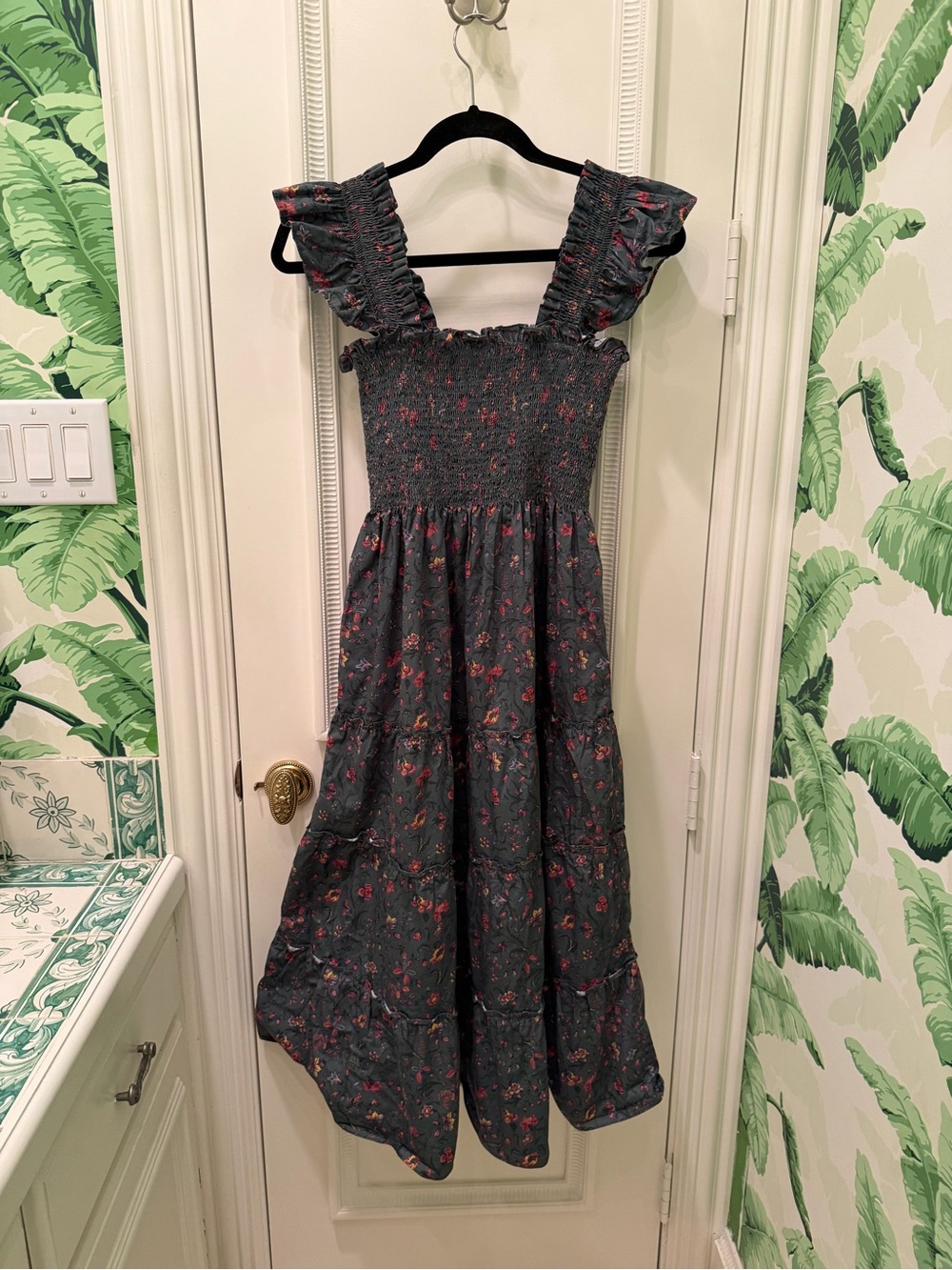 Hill House Ellie Nap in Fleur Chintz Bottle Green Smocked Midi Dress Size M - Picture 5 of 10